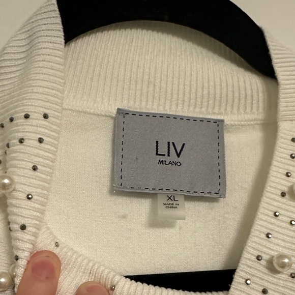 LIV Milano Pearl & Rhinestone Starburst Sweater - Ivory Mock Neck #QuietLuxury - Picture 3 of 8